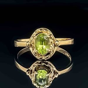 Lemon-Lime Peridot Oval Solitaire Double Halo Ring in 14k Yellow Gold