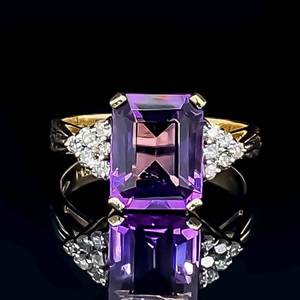 Emerald Cut Amethyst & Diamond Cluster Cocktail Ring in 14k Yellow Gold $1250 Retail VIDEO
