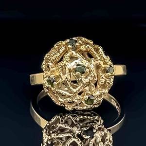 Green Gemstone Dome-Shaped Openwork Rose Bush Ring in 14k Yellow Gold