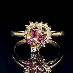 Natural Ruby & Diamond Half-Halo Cluster Heart Ring in Yellow Gold $799 Retail