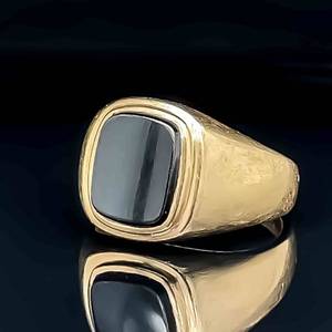 Mens Onyx Inlay Tablet Signet Ring in Yellow Gold $950 Retail