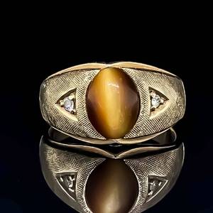Mens Tigers Eye Oval Cabochon Diamond Accent Ring in Yellow Gold Brushed & Bright Shine