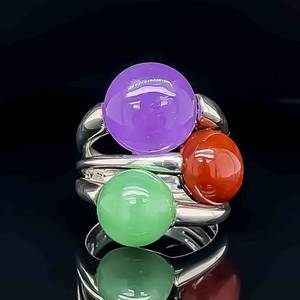 Natural Multi-Colored Jade Purple, Red & Green Triple Cluster Ring