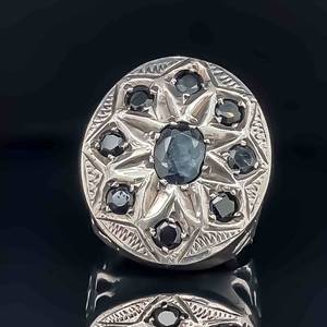 Natural Sapphire Flower Mandala Openwork Filigree Statement Ring