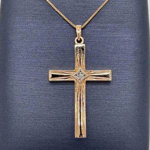 Diamond Accent Starburst Sunray Cross Pendant in 14k Yellow & White Two-Tone Gold
