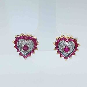 .75ctw Natural Ruby & Diamond Tiered Cluster Heart Stud Earrings in 14k Yellow & White Two-Tone Gold $1350 Retail VIDEO