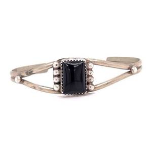 NAVAJO UNIQUE PIECE Black Onyx Beaded Open Cuff Bangle Bracelet in Sterling Silver