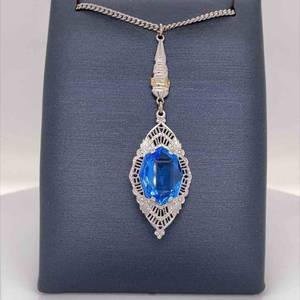 Large Blue Glass Stone Intricate Filigree Openwork Textured Pendant 16 Necklace Art Deco Style
