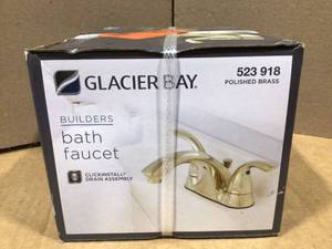 Glacier Bay Builders 4 in. Centerset 2-Handle Low-Arc Bathroom Faucet in Polished Brass Open Box Review all pictures