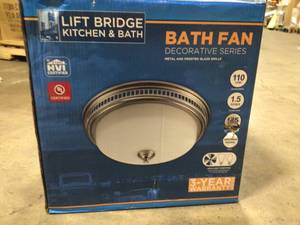 LIFT BRIDGE KITCHEN & BATH Decorative Brushed Nickel 110 CFM Ceiling Bathroom Exhaust Fan with Light and Glass Globe Open Box Review all pictures