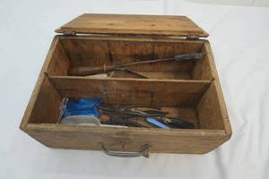 wooden tool box, tools