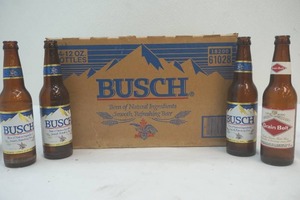 case of Busch beer bottles