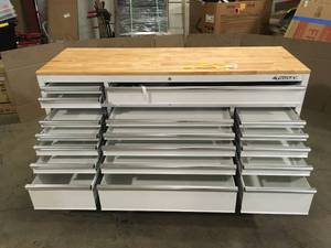 lot 23 image: Husky 72 in. W x 24 in. D Standard Duty 18-Drawer Mobile Workbench Tool Chest with Solid Wood Top in Gloss White Review all pictures