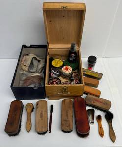Large Group Of Vintage Shoe Shine Items Including Polish, Brushes And More