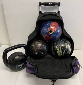 Bowling Bag With Three Balls And Misc. Bowling Items (Ev erything You Need To Be A Pro Bowler) And 15 Pound Tone Fitness Dumbbell