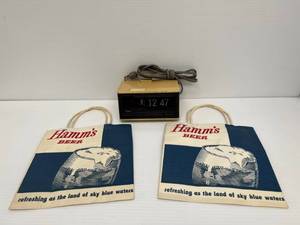 Antique Copal Flip Clock With Alarm (Plastic Yellowed) And Hamms Beer Advertisement Bags