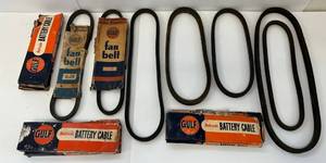 Group Of 7 Misc. Size Vintage Automotive Fan Belts And Original Gulf Brand Advertisment Boxes