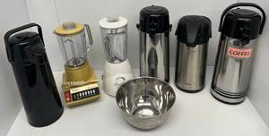 Group Of Misc. Household Items Including Pump Thermoses Blenders And More