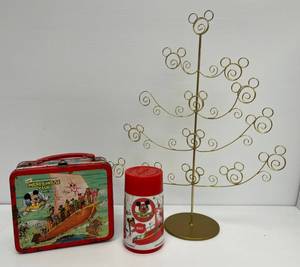 Vintage Mickey Mouse Club Metal Lunch Box With Termos And Mickey Mouse Metal Christmas Tree Greeting Card Holder