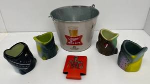 Group Of Man Cave Items Including Fish Can Holders , Vintage Miller High Life Metal Pail And More