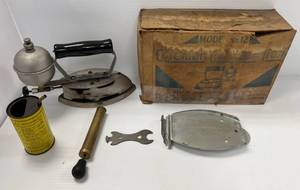 Vintage Coleman Good Value Iron With Original Box And Parts (Even The Original Fuel Measuring Can With Awesome Graphics)