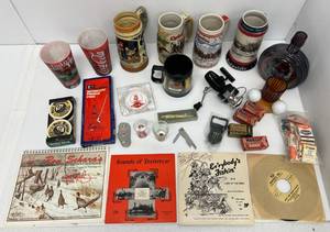 Man Cave Items Including  Vintage Lure, Budweiser Beer Stiens And More