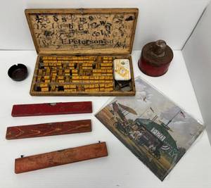 Group Of Antique Wood Levels With Advertising, Vintage Wooden Letter Stamp Set And More