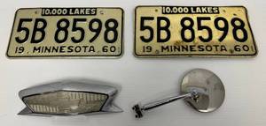 Groupb Including Vintage 1960 Minnesota License Plates, Antique Automobile emblem And Side Mirror