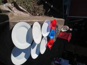 Plates, bowls with straws, silverwa...