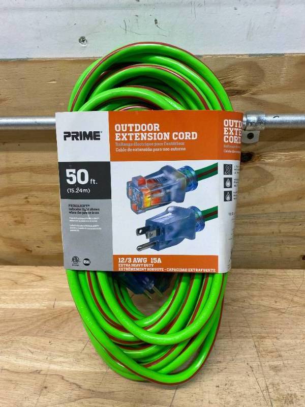 Prime Outdoor Extension Cord Extra Heavy Duty 50 Ft. 12/3 AWG 15 A