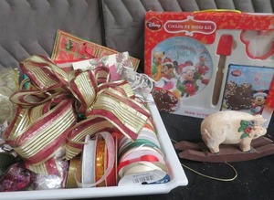 CHRISTMAS RIBBON  NEW DISNEY COOKIE PLATE  AND A PIG