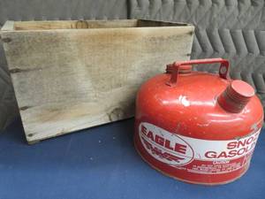 lot 75 image: VINTAGE EAGLE GAS CAN  WOODEN BOX