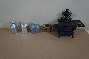 Mini Cast Iron Oven with Assorted Miniature Tin Accessories