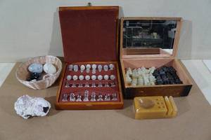 Wood Chess Box and Glass Playing Pieces with Marble Eggs and Basket
