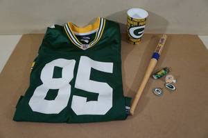 Assorted Packers Items - Jersey, Lighter, Beer Cup, Atlanta Braves Bat