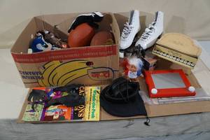 Assorted Kids Toys -Roller Skates(Size 10), Etch-a-Sketch, Slinky, Trolls, Piano, Venom Figure