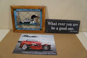 Loon Framed Glass Wall Art plus Wood Lincoln Quote and Tin Prowler Sign