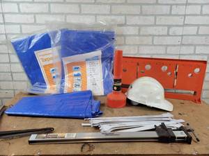 (2) New 6 x 8 Tarps, 20 Aluminum Bar Clamp, 16 Shelf Brackets and More