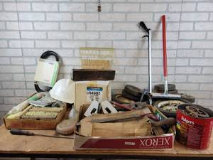 NOS Heater Core, Scrub Brushes, Wheels, Squeegee, Antique Clamp, hand Tools and More