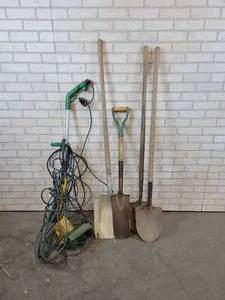 (4) Shovels and Electric Weed Trimmer w Extension Cord - NO SHIPPING