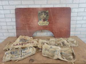 Antique Corticelli Spool Silk Wood Sign (36 x 20) and Assorted Local Nail Pouches