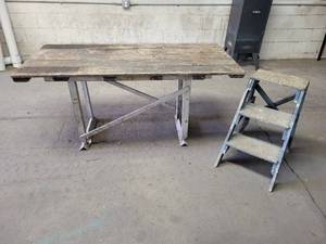 lot 662 image: Work table w Wood Top & Steel Base and Step Stool - NO SHIPPING