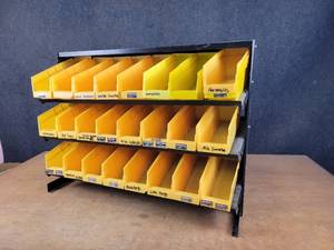 lot 703 image: Steel Parts Organizer Shelf w (24) Poly Storage Bins - NO SHIPPING