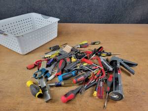 lot 708 image: Large Lot of Screwdrivers and Assorted Hand Tools w Bin