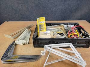 lot 710 image: Shelf Brackets, Peg Hooks, Tool Holders and More, Collapsible Tote Included