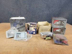 lot 724 image: New 12V Automotive Fan, Tractor Headlights, headlamps, tool Box Latches w Keys and More