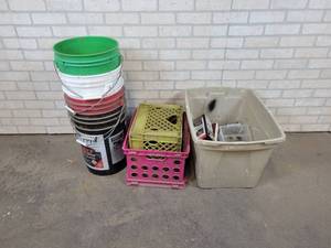 lot 812 image: Tote w Assorted Door Hardware and More  5 Gallon Buckets and Crates - NO SHIPPING