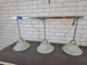 lot 824 image: Brushed Nickel Triple Pendant Light - Each is Approx. 9 Diameter and Hang Approx. 16 - NO SHIPPING