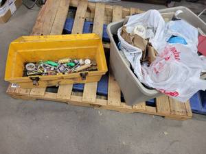 lot 902 image: Large Tote of Garage Supplies, Toolbox and Tools - NO SHIPPING
