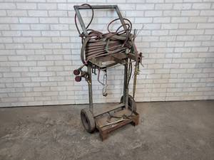 lot 912 image: AIRCO Brazing  Cutting Torch, Assorted Tips, Both Gauges, Hose and Tank Cart - NO SHIPPING